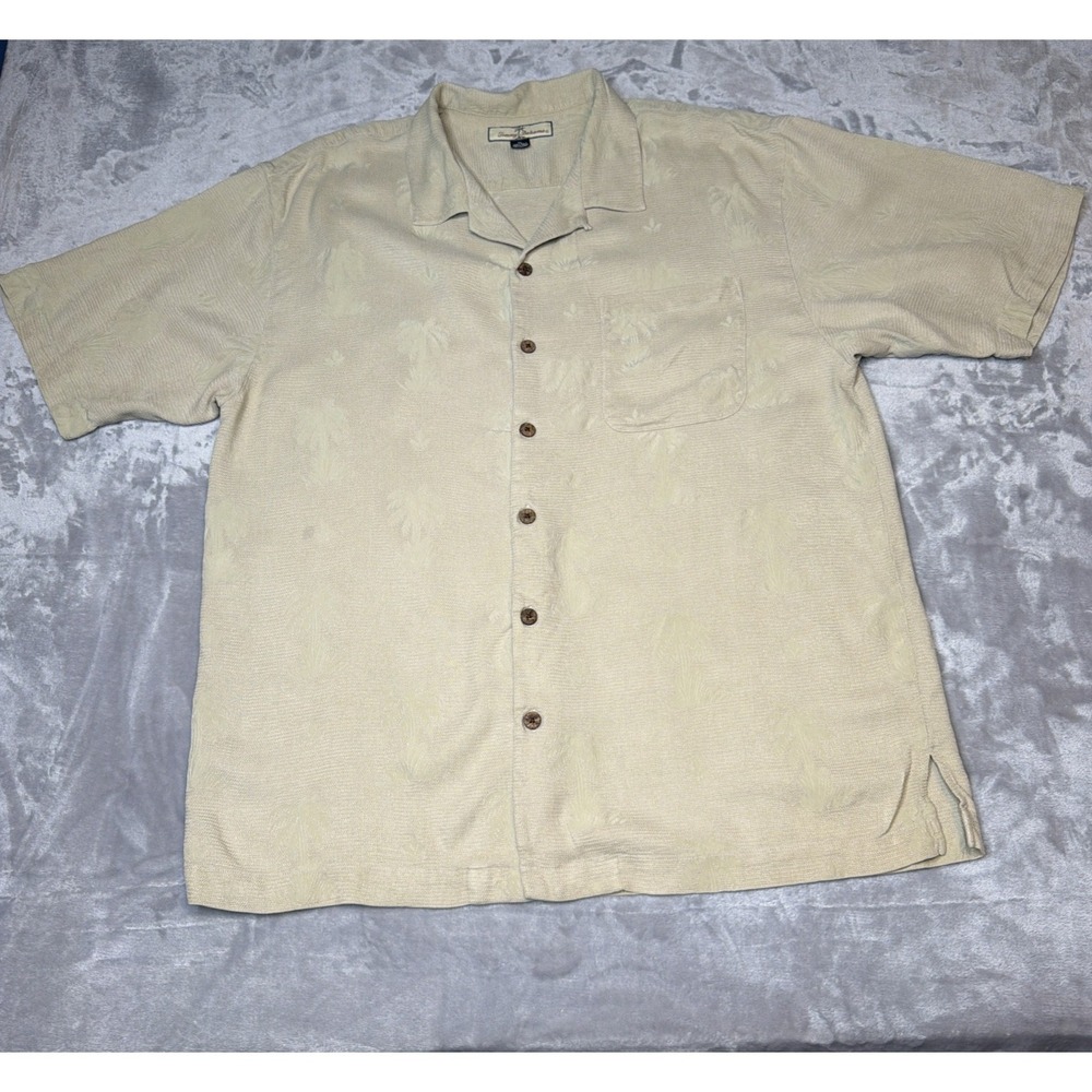 Tommy Bahama Men's XL 100% Silk Camp Shirt Beige Hawaiian Button Front